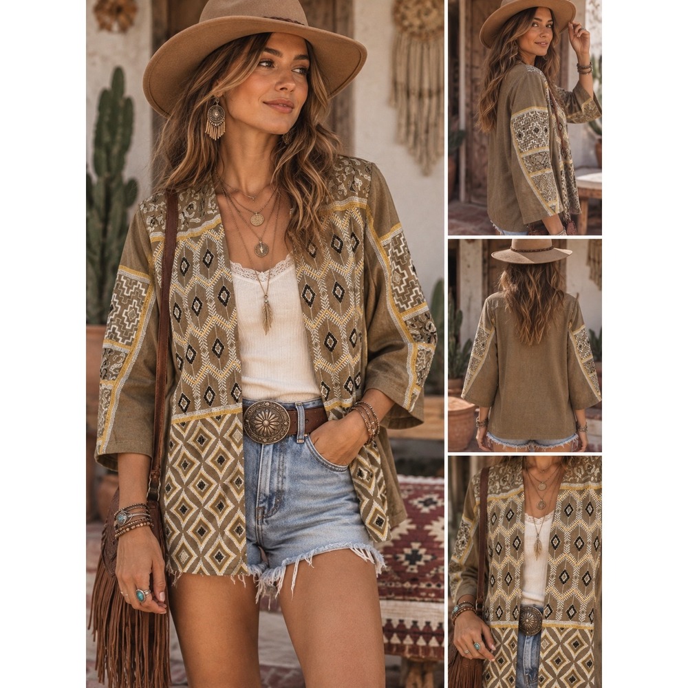 Chico's Embroidered Beaded Linen Blend 3/4 Sleeve Open Front Jacket Sz 2 (12)